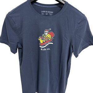 LIFE IS GOOD CHRISTMAS T SHIRT “Ride On” Sledding Blue Sise Medium